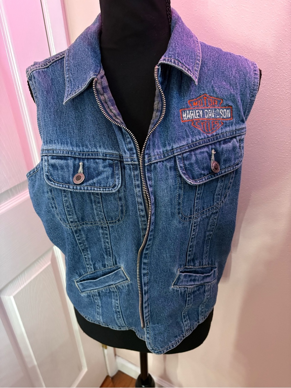 Vintage Harley-Davidson Blue Denim Zip-Up Vest